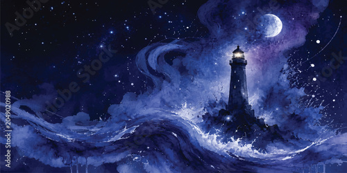 Foto Dark Blue Watercolor Lighthouse In Stormy Ocean Waves