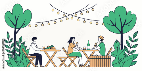 Tableau sur toile People socializing at outdoor terrace cafe with string lights socializing drinki