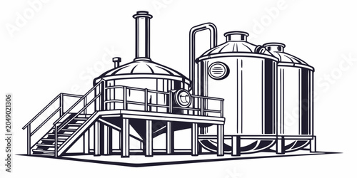 Obraz na płótnie Monochrome line art illustration of a craft brewery or distillery with large fer