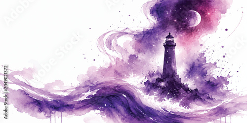 Tablou pe pânză Purple Watercolor Lighthouse In Stormy Ocean Waves