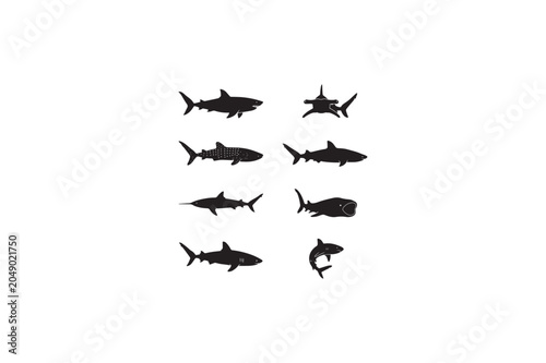 Shark sea fish various style vector silhouettes black color image with white color background.