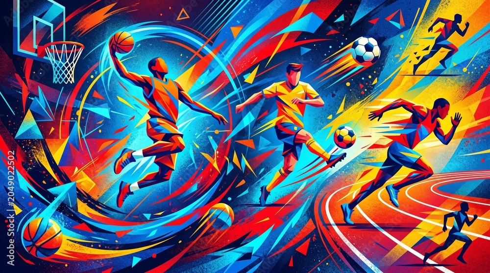Obraz premium Dynamic Abstract Sports Art featuring Basketball, Soccer, and Track Athletes in Vibrant Motion and Energetic Colors