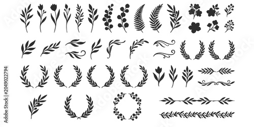 Bild auf Leinwand Set of black hand drawn floral branches leaves wreaths and decorative botanical