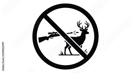 Obraz na plátně Hunting prohibition sign featuring a deer and rifle black silhouette restriction