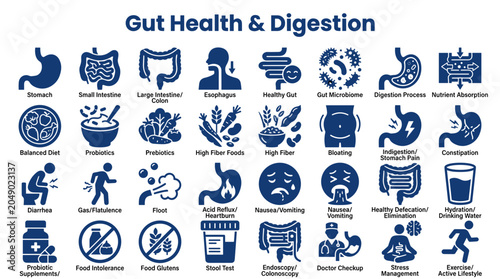 Foto Gut Health and Digestion Icons Set: Stomach, Intestines, Probiotics, Healthy Eat