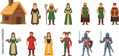 Tableau sur toile Medieval People and Characters Vector Set with King Queen Knights Jester Peasant