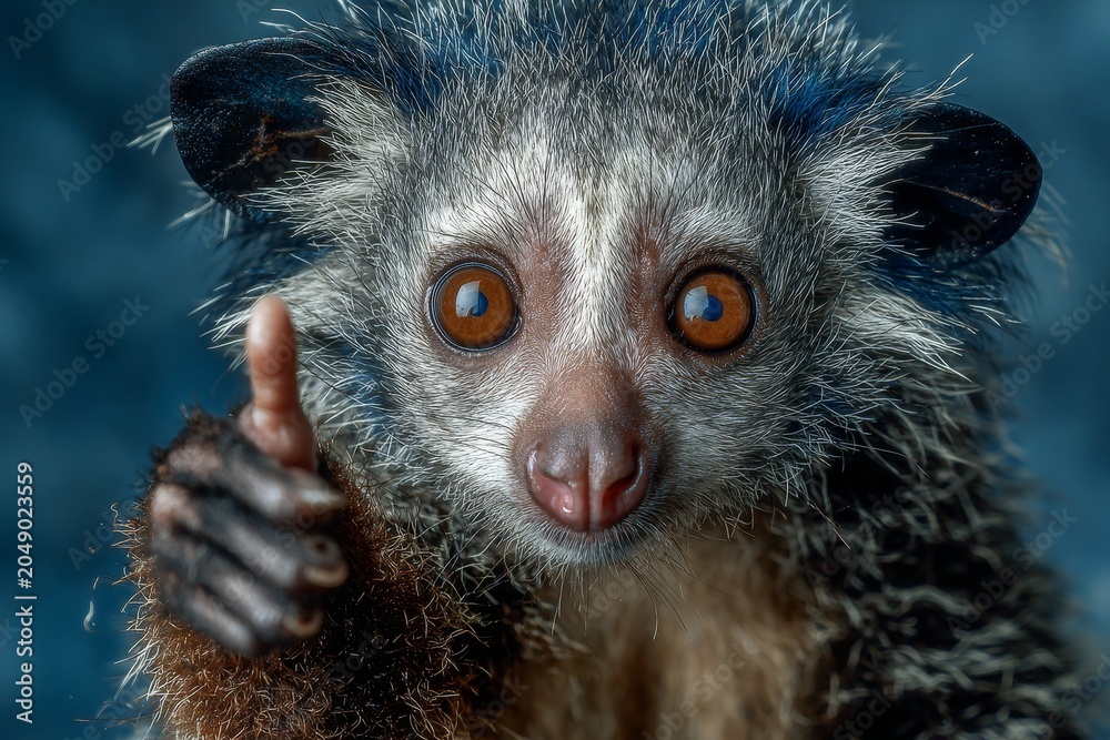 Fototapeta premium Close-up of lemur giving thumbs up with furry face and orange eyes