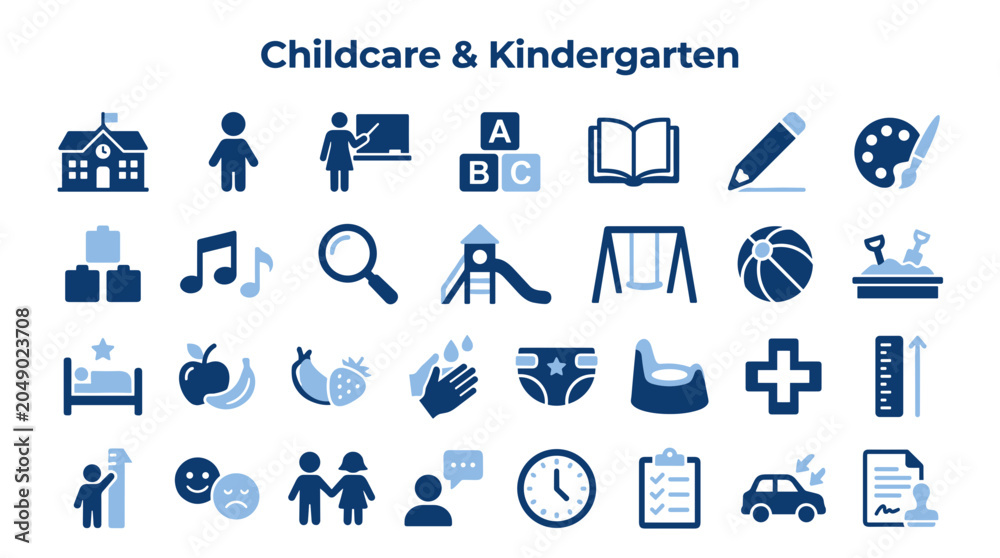 Fototapeta premium Childcare and Kindergarten Icons Set for Education, Play and Development