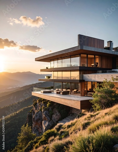 Modern mountain home with expansive windows, sun setting