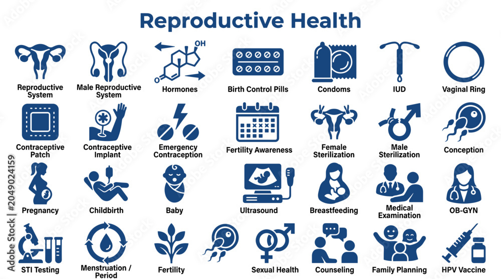 Fototapeta premium Reproductive Health Icons Set: Family Planning, Contraception, Pregnancy, STIs, and Medical Care Concepts