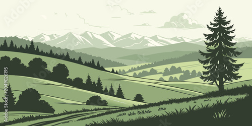 Billede på lærred Green landscape illustration featuring rolling hills with lush fields and meadow