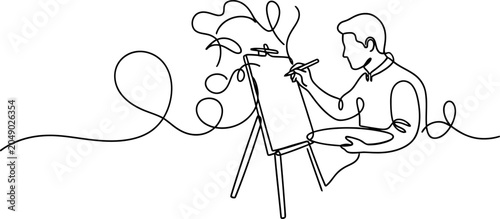 Artist painting on easel with brush and palette continuous line drawing.
