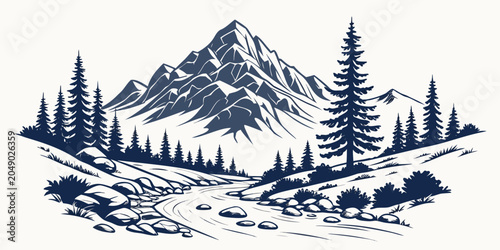 Εκτύπωση καμβά High contrast blue line art illustration of a majestic mountain peak with a rock