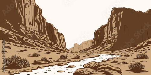 Bild auf Leinwand Scenic desert canyon valley with a wide sandy path and high rock formations west