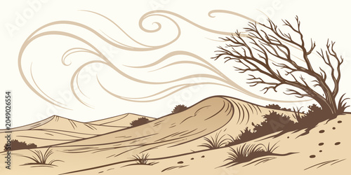 Tableau sur toile Minimalist desert landscape illustration with windblown bare tree against rollin