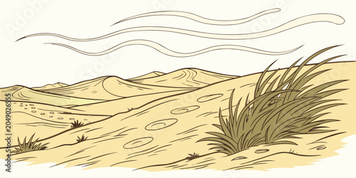 Fotografie Sandy desert dunes illustration with footprints and wind blown grass scenic arid