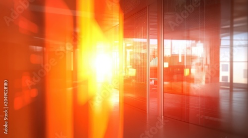 Bright Sunlight Illuminates Modern Office Space With Financial Chart Reflections Symbolizing Business Growth
