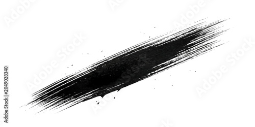 A dynamic black ink brush stroke sweeps across the canvas, conveying a sense of raw energy and artistic expression, with subtle splatters adding texture and depth.