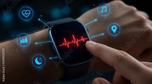 Close up person hand touches a smartwatch that displays heart rate and health icons on the wrist.