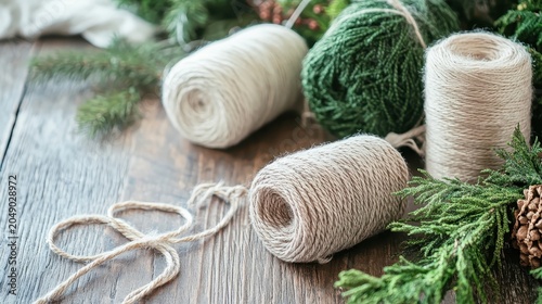 Bundles of Natural Twine and Yarn with Pine Branches for Cozy Christmas Crafting Projects