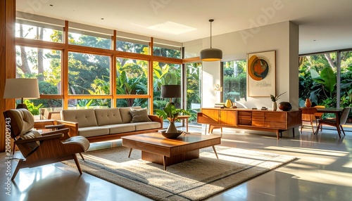Sunny modern living space with wood furniture and greenery