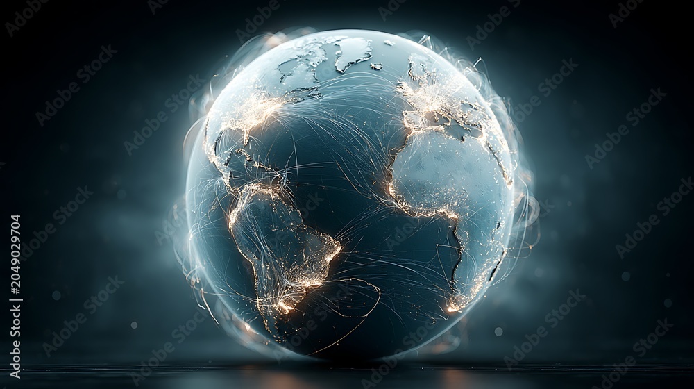 Naklejka premium Adobe stock style photograph of an advanced global logistics network map with dramatically illuminated cargo shipping routes casting soft cyan reflections across a dark blue spherical Earth