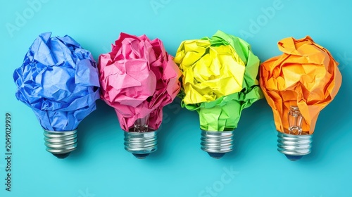 Colorful Crumpled Paper Lightbulbs Representing Ideas and Innovation Lined Up on a Bright Blue Background