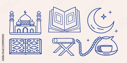 Foto Islamic Icons Set Blue Line Art On Light Background