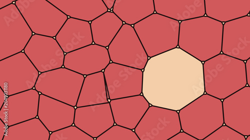 Bild auf Leinwand Voronoi diagram with irregular polygonal cells in shades of red and a single pal