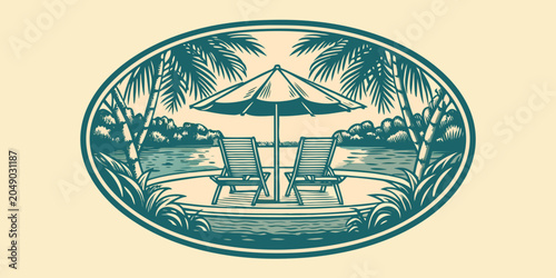 Tropical Beach Scene Illustration With Palm Trees And Lounge Chairs