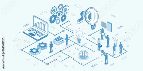 Isometric Illustration Of Gears Laptop And People In Blue Tones