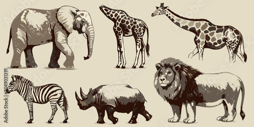 Canvastavla African Wildlife Sketches Elephant Giraffe Zebra Rhino And Lion