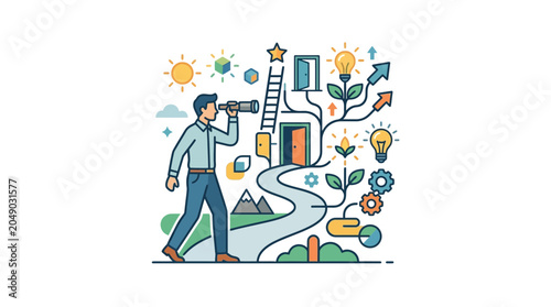 Man with telescope looking at future growth, opportunities, and success pathway
