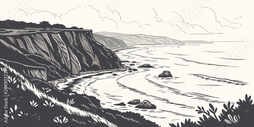 Monochrome illustration of a rugged coastal landscape with steep cliffs sandy beach ocean waves in grayscale black and white coastline landscape illustration grayscale monochrome outdoors