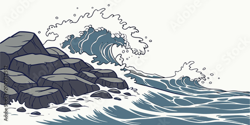 Slika na platnu Stylized graphic illustration of a large breaking ocean wave hitting shore rocks
