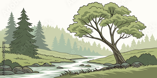 Fotografie Illustrative landscape featuring a rocky river stream with leaning tree and coni