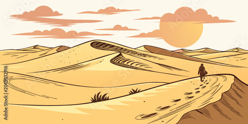 Photos A solitary explorer walking across vast desert sand dunes at sunset with explore