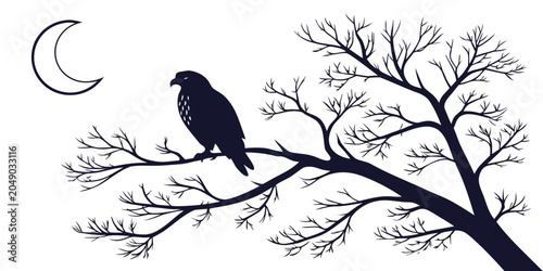 Foto Intricate silhouette art of a bird of prey resting on a bare tree branch at nigh