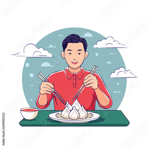 Man eating dumplings with chopsticks
