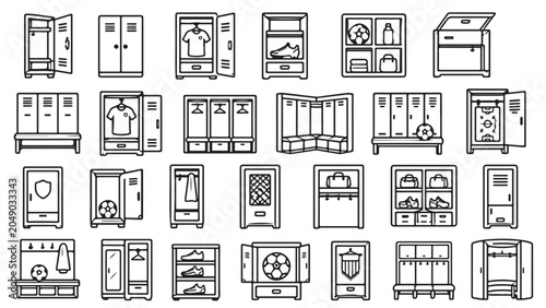 Locker room equipment line icon set. Sports lockers, wardrobe cabinets, changing room storage outline vector illustrations on white background. Signs for gym facilities.