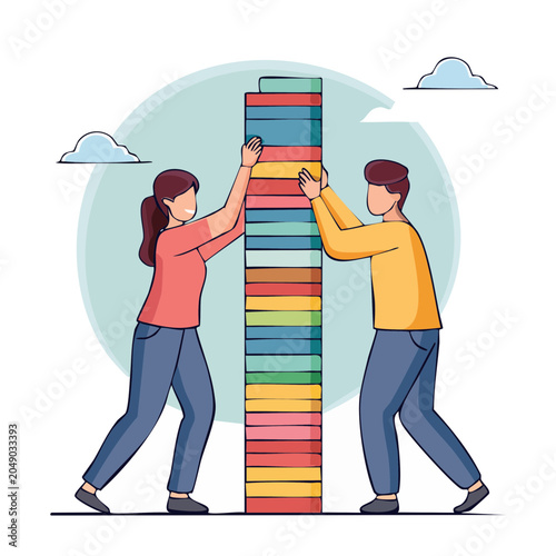People building a tall tower of books