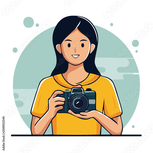 Woman holding a camera, flat design illustration