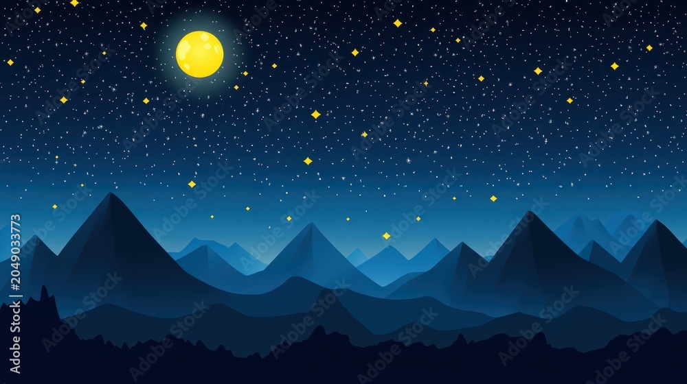 Fototapeta premium Majestic mountain range under a vast luminous night sky filled with twinkling stars and a bright moon