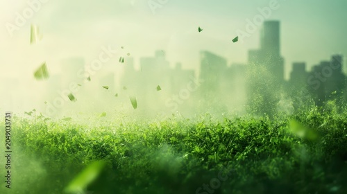 Lush green urban park with butterflies flying against a misty city skyline, symbolizing clean air and ecological advancement.