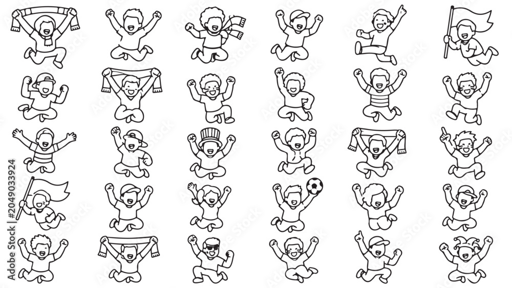 Fototapeta premium Cheering supporter poses line icon set. Fans jumping, raising arms, waving scarves, celebrating goals outline vector illustrations. Signs for football victory on white background.