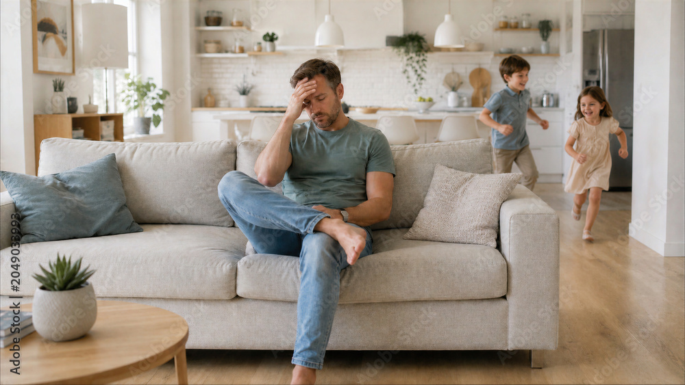 Fototapeta premium Stressed father sitting on living room sofa with energetic children playing in background