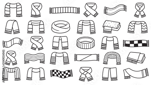 Football scarf apparel line icon set. Team scarves, knitted mufflers, supporter neckwear, striped fan cloth outline vector illustrations. Symbols for sports merchandise on white background.