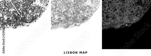 Lisbon city map with building footprints, road network and street lines vector illustration