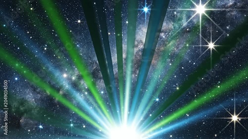 Green laser beams emerging from bright star in space.