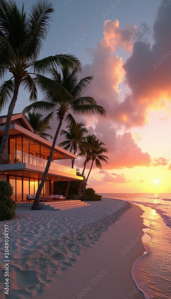 Fototapeta premium Luxury modern house sits on sandy beach shore. Palm trees surround the villa near calm ocean waves during warm sunset. Perfect getaway destination.